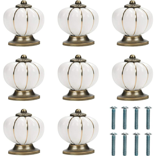 White and Gold Ceramic Cabinet Knob with Pumpkin Screws (Set of 8) - 3.8 x 4 cm - Vintage Round Cabinet Knob - For Home, Office, Kitchen Cabinet,