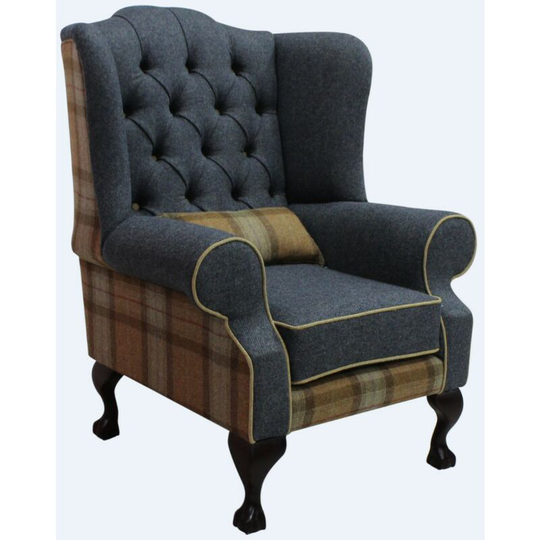 Chesterfield Frederick Wool Wing Chair Fireside High Back Armchair Skye Sage/Grey Check Tweed