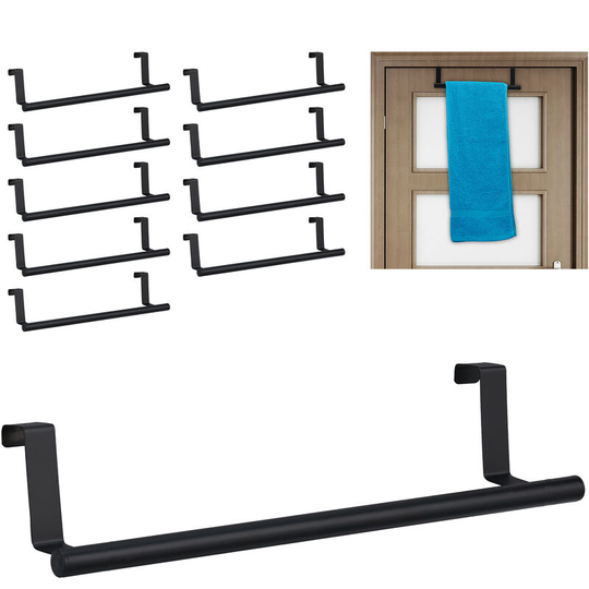 Relaxdays - Set of 10 Towel Holders for Doors & Closet, Hanging, Stainless Steel, Rail, Kitchen & Bathroom, Black