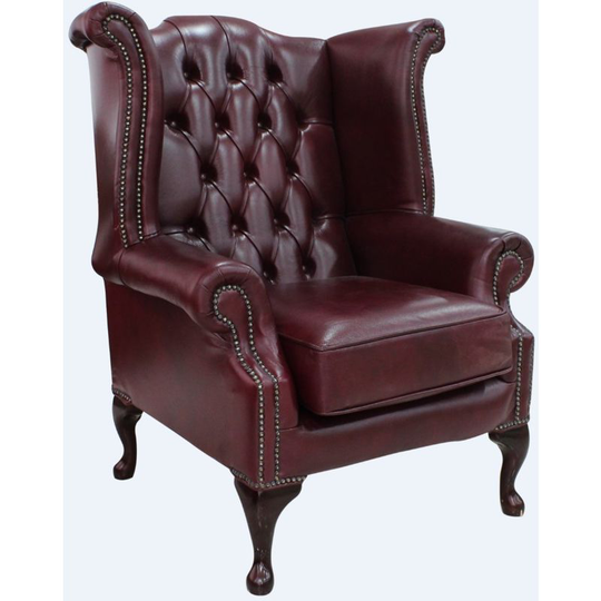 Bonded Leather Burgandy Chesterfield Queen Anne Wing chair Designersofas4u