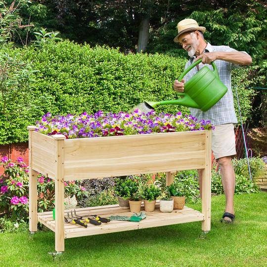 Raised Garden Bed Wood Elevated Planter Bed W/Lockable Wheels Shelf & Liner