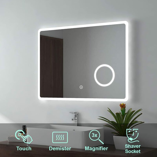 Backlit Illuminated Bathroom Mirror with Shaver Socket 600x800mm, Mirror with Lights + Demister + 3-Fold Magnification