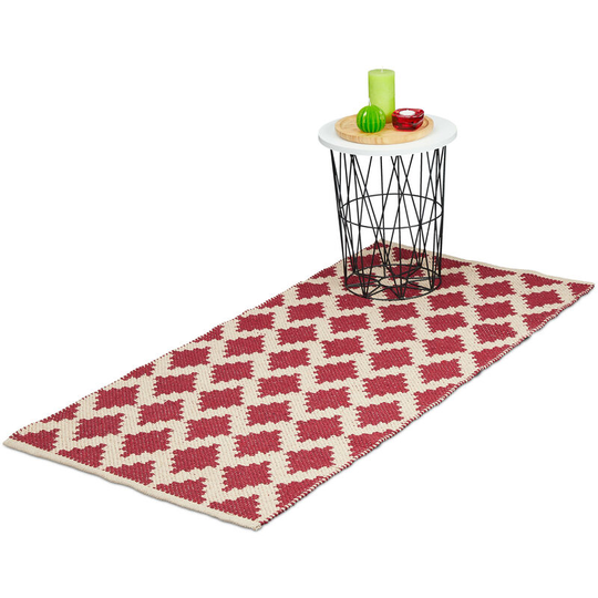Cotton Runner Rug, 70 x 140 cm, Non-slip, Hand-Woven, Diamond Pattern, Decorative Carpet for Any Room, Red - Relaxdays