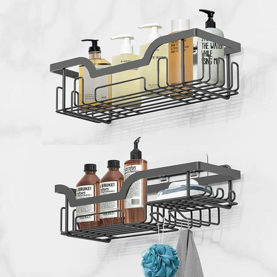 Set of 2 Shower Storage Shelf, Wall Mounted Shower Organizer Storage Baskets, No Drilling Shower Shelf, Shampoo Holder with Hooks/Soap Tray, for