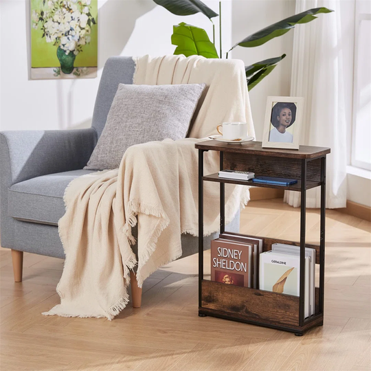 Vintage Narrow Side Table With Storage Shelf, 3 Tier Slim End Table Modern Sofa Table For Narrow And Small Spaces, 24.6 Inch Height Bedside Table Smal