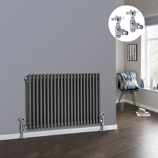 NRG - Anthracite 3 Column Traditional Cast Iron Style Radiator with Chrome Angled Cross Head Manual Valves Horizontal 600x1012mm