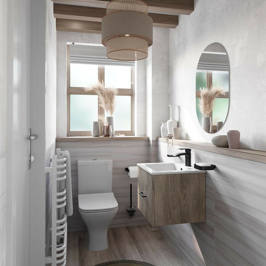 Lea oak wall hung vanity unit with black handle 420mm and Derwent square close coupled toilet suite - Oak - Orchard
