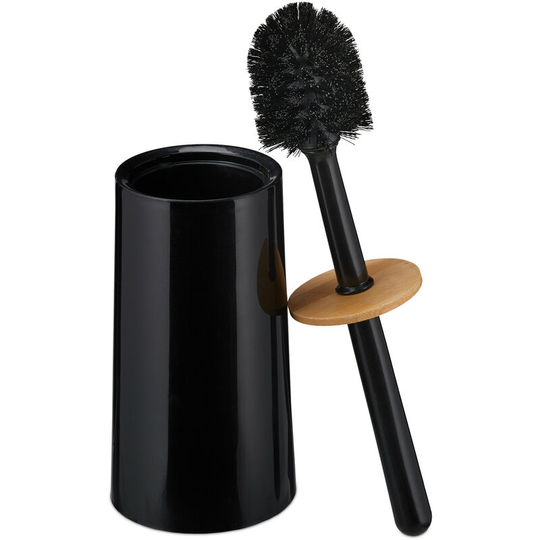 Toilet brush, with container, plastic and bamboo, free-standing, toilet brush with lid, black - Relaxdays