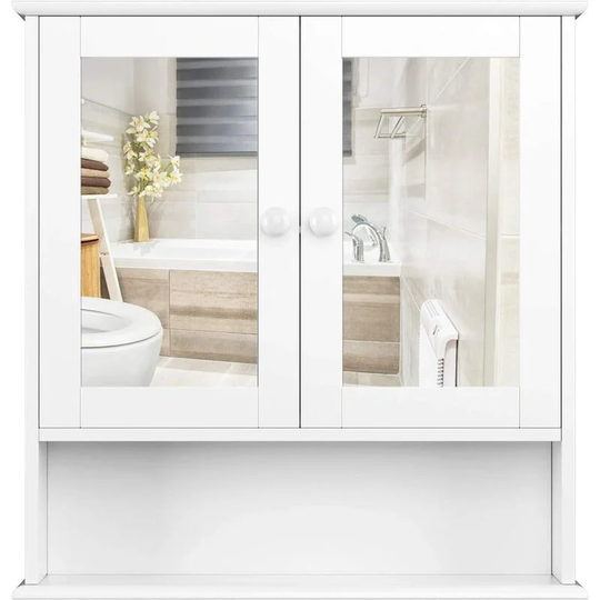 Wall-mounted Cabinet Mirror Door Bathroom Organiser Living Room White - Gizcam