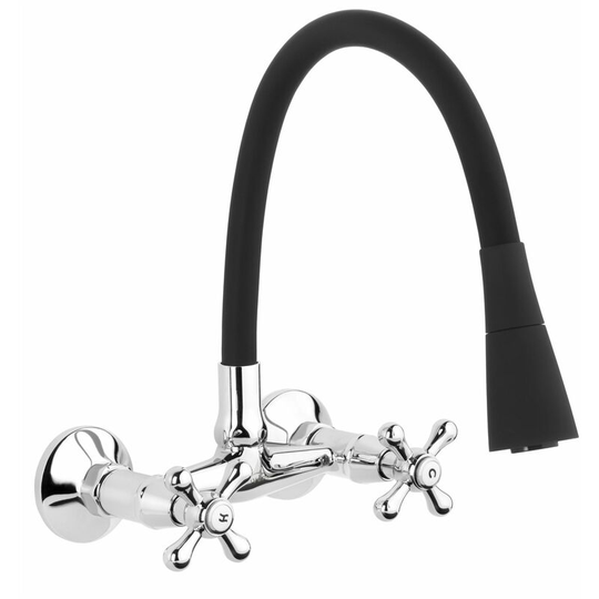 Black Flexible Spout Chrome Kitchen Tap Wallmounted Faucet Cross Heads Mixer