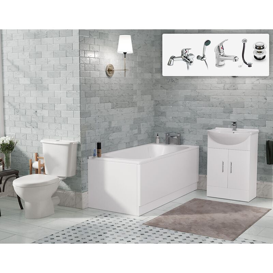 Neshome - Senore 1700mm Bath, Flat Pack Vanity Basin Unit, Close Coupled, Mono and Shower Mixer Taps & Wastes White