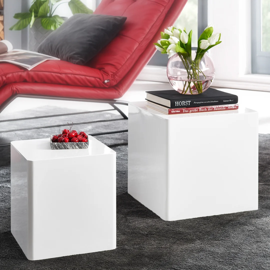 Ivy Bronx Side Table Set of 2 High Gloss White Living Room Table | Small Side Table Square | Set Table Cube Modern | Design Table Living Room