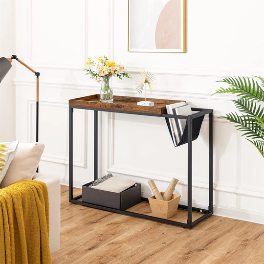 Console Table With Magazine Rack, Industrial Sofa Table, Entrance Table With Wooden Tray, Narrow Side Table For Small Spaces, Living Room, Bedroom, Ru