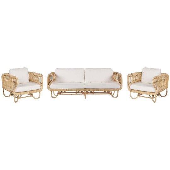 Natural Rattan Sofa and Armchairs Set with Cotton Cushions Beige Wicker Dolcedo - Natural