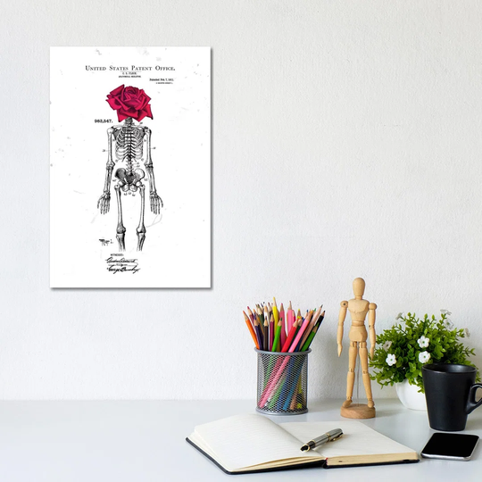 Skeleton Rose Head White by Ink & Drop - Wrapped Canvas Graphic Art