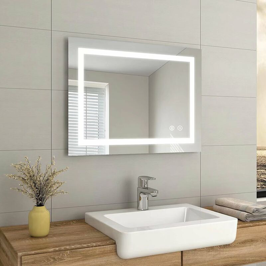 EMKE Bathroom Mirror with Lights 600 x 800 mm, Bathroom LED Mirror with Touch Control + Demister Pad + Bluetooth Speaker + Shaver Socket