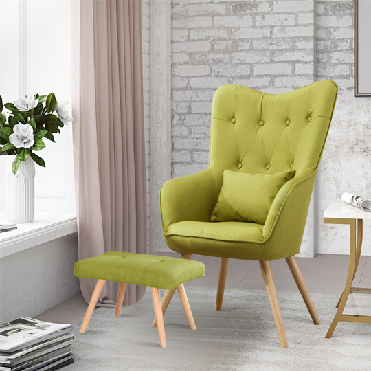 Livingandhome Linen Curved Buttoned Back Armchair with Footstool and Lumbar Pillow, Green