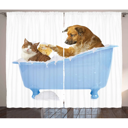 Dog Kitty in the Bathtub Together Bubbles Shampooing Having Shower Fun Print 2 Piece Room Darkening Curtain Set