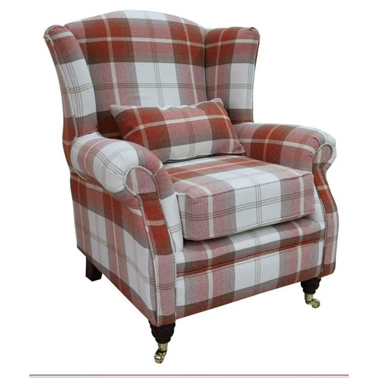 Wing Chair Fireside High Back Armchair Balmoral Burnt Orange Check Fabric p&s
