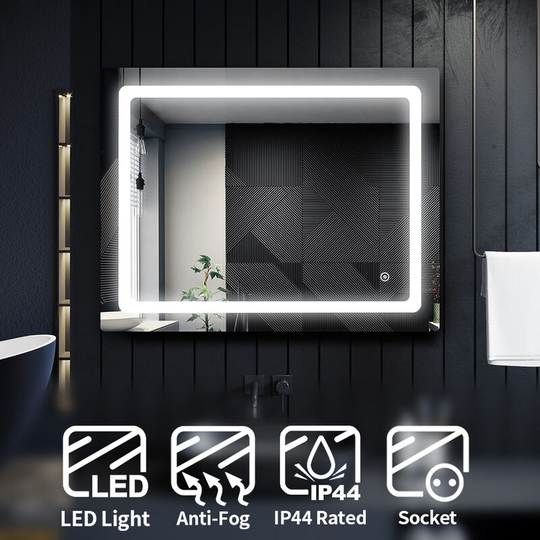 Anti-Fog Mirror Aluminium Framed Illuminated Bathroom Mirror 900x700mm Mirror with Shaver Socket - Elegant