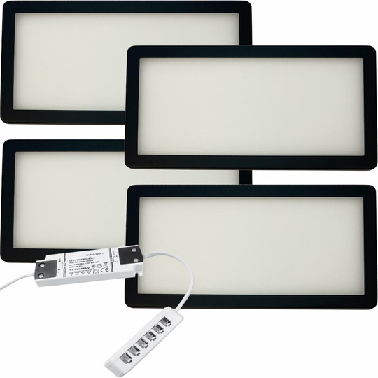 Loops - 4x matt black Ultra-Slim Rectangle Under Cabinet Kitchen Light & Driver Kit - Natural White Diffused led