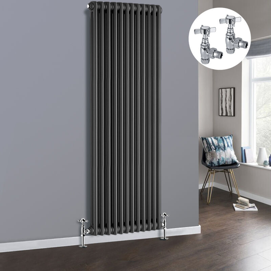 NRG - Anthracite 2 Column Traditional Cast Iron Style Radiator with Chrome Angled Cross Head Manual Valves Vertical 1800x560mm
