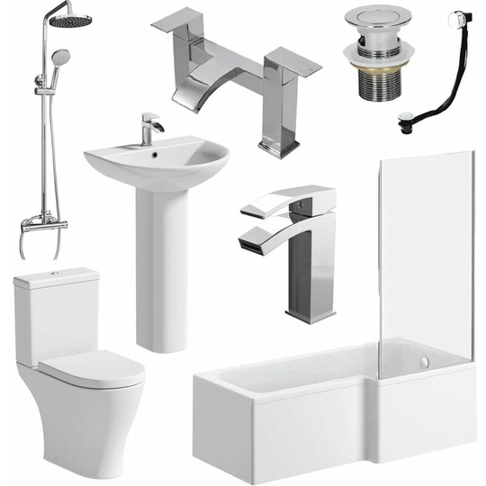 Bathroom Suite L Shaped Bath Screen Toilet Basin Shower Taps Set