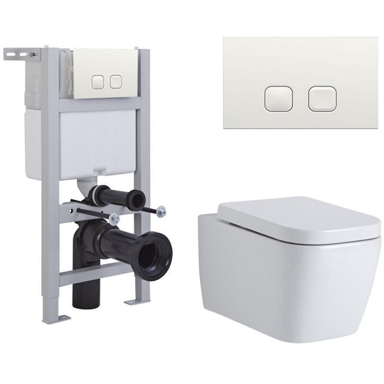 Milano - Longton - White Ceramic Modern Bathroom Wall Hung Square Toilet wc with Short Wall Frame, Dual Flush Cistern, Soft Close Seat and Square