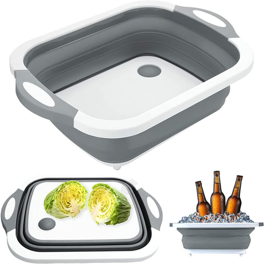 Perlerare - 3 in 1 Foldable Cutting Board, Multifunctional Drain Basket with Drain Plug for Kitchen and Camping Portable Storage Basket (Grey)