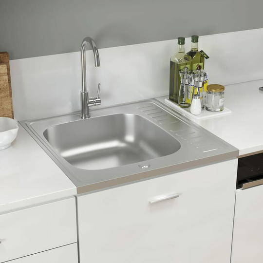 Kitchen Sink with Drainer Set Silver 600x600x155 mm Stainless Steel FF147231_UK - Topdeal