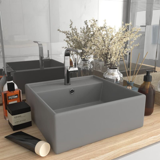 Luxury Basin Overflow Square Matt Light Grey 41x41 cm Ceramic - Grey