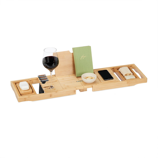Bathtub Tray, Bamboo, Width Extendable to 108.5 cm, Book & Wine Glass Holder, Soap Dish, Bath Caddy, Natural - Relaxdays