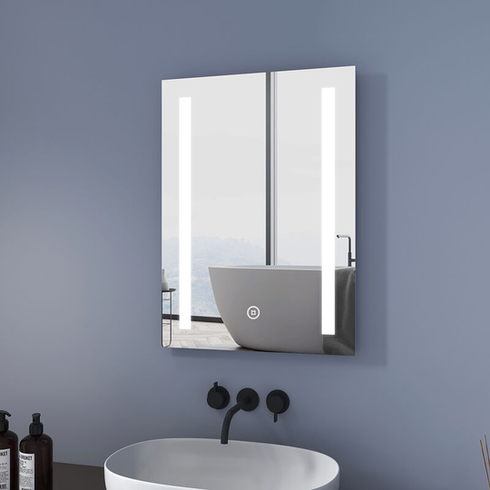 Mirror with led Lights, 50x70 cm Illuminated Bathroom Mirror Wall Mounted Vanity Mirror, Bathroom Light Mirror with Touch, Demister Pad and Shaver