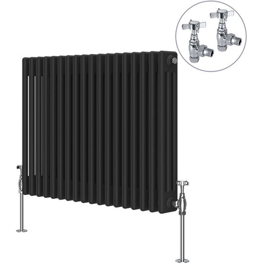 Black Traditional Cast Iron Style Radiator with Chrome Angled Cross Head Manual Valves Horizontal 3 Column 600x832mm