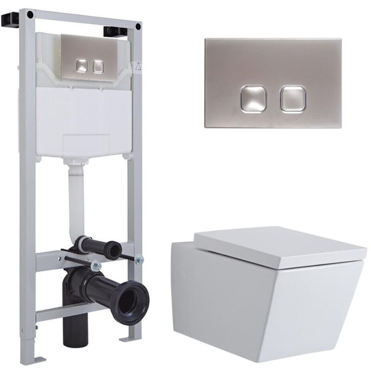 Milano - Dalton - White Ceramic Modern Bathroom Wall Hung Square Toilet wc with Tall Wall Frame Cistern and Square Chrome Flush Plate