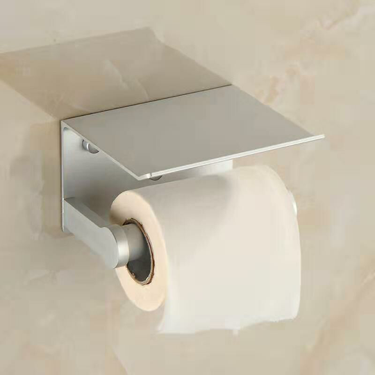 Space Aluminum Toilet Paper Holder Toilet Paper Roll Storage Holder Wall Mounted Mobile Phone Storage Holder Bathroom Accessories (White)