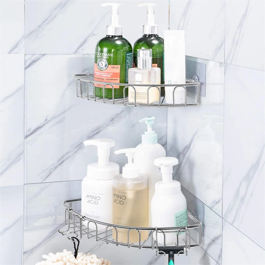 Adhesive Corner Shower Caddy Shelf With 2 Movable Hooks,Shower Caddy No Drilling Wall Mounted Bathroom Accessories SUS304 Stainless Steel 2 Pack, Silv