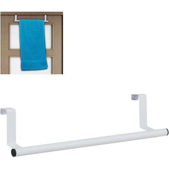 Towel Holder for Doors & Closet, Hanging, Stainless Steel, Rail, No Drilling, Kitchen & Bathroom, White - Relaxdays