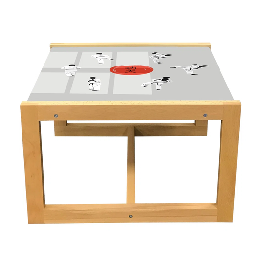 Kung Fu Coffee Table, Men In Karate Clothes Showing Moves With Hieroglyph Center, Acrylic Glass Center Table With Wooden Frame For Offices Dorms Pale