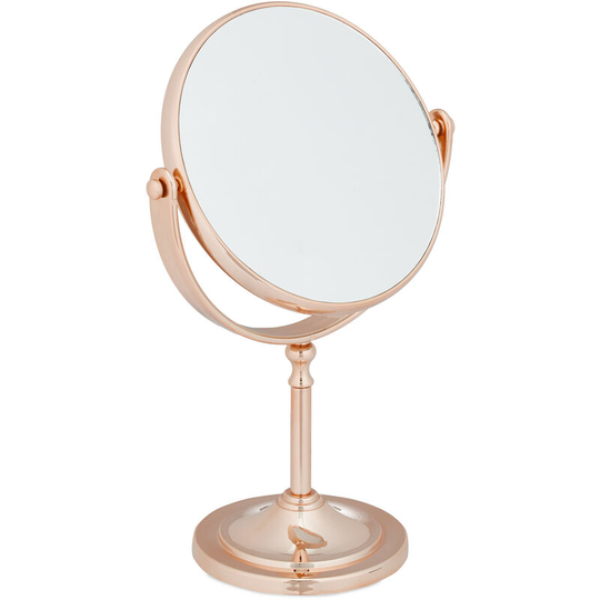 Makeup Mirror, 2x Magnification, Double-Sided, Swivels 360°, Round, Standing, HxWxD: 27.5x18x10.5 cm, Copper - Relaxdays