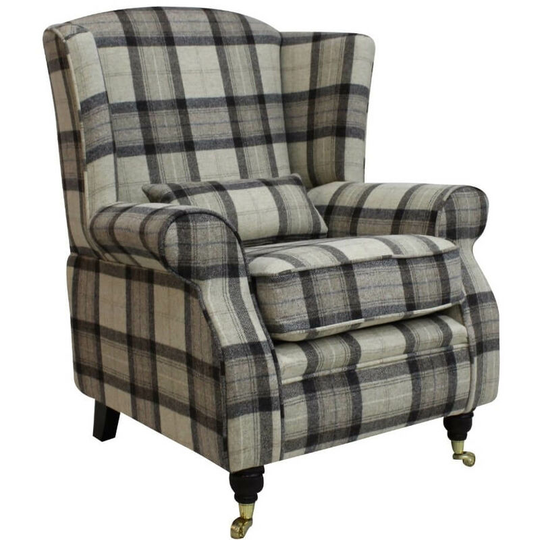 Arnold Wool Tweed Wing Chair Fireside High Back Armchair Skye Natural Check Fabric