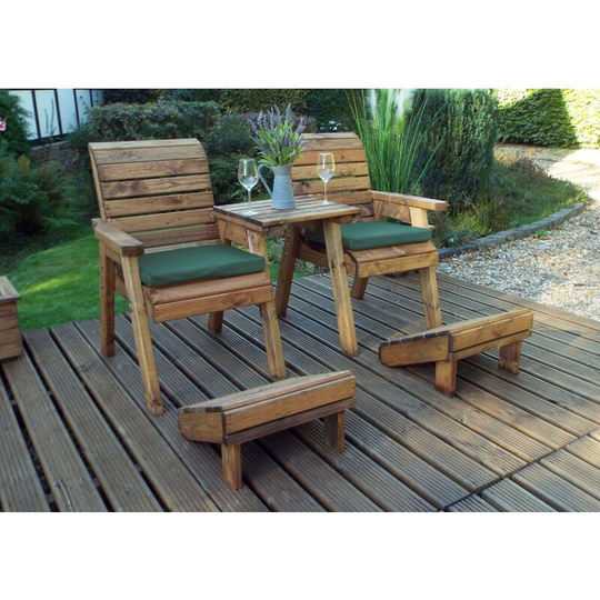 Charles Taylor Deluxe Wooden Straight 2x Chair Lounger & Footstool Green Cushion