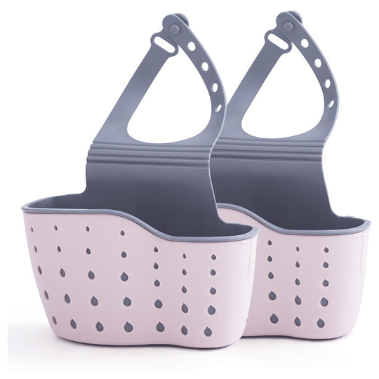 Kitchen Sink Caddy Sponge Holder Silicone Plastic Soap Holder Hanging Ajustable Strap Faucet Caddy with Drain Holes for Drying-Pink-2Pack