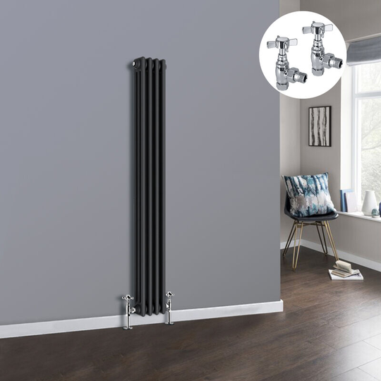 Anthracite 3 Column Traditional Cast Iron Style Radiator with Chrome Angled Cross Head Manual Valves Vertical 1500x202mm