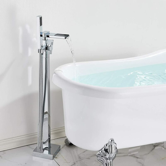 Free Standing Bathtub Tap Waterfall Spout Suguword Bath Shower Mixer Tap with abs Handheld Sprayer Floor Mounted Chrome Shower Tap