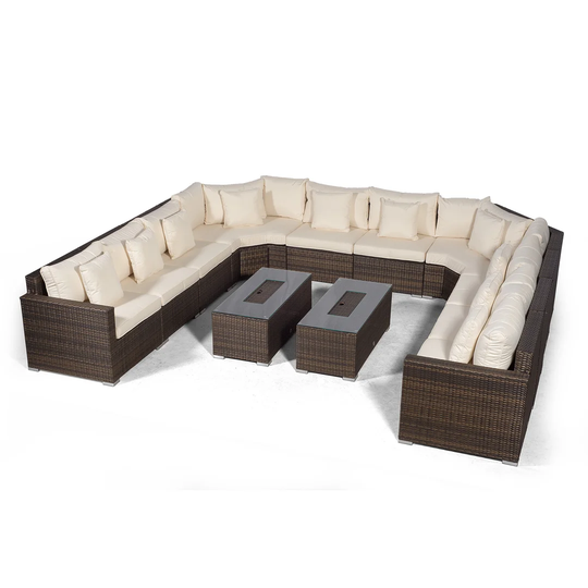 Villasenor Brown Rattan U Shape 10 Seat Sofa With 2 X Rectangle Ice Bucket Coffee Table, Outdoor Patio Garden Furniture