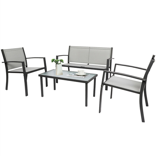 Garden Furniture Set of 4, Textoline Armchairs and Coffee Tables Set, Dining Table Set for Outdoor Garden Patio Lounge Balcony (Gray)