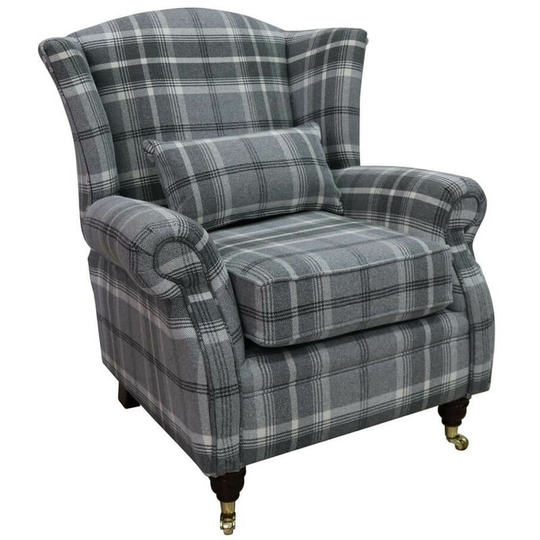 Wing Chair Fireside High Back Armchair Balmoral Dove Grey Check Fabric p&s