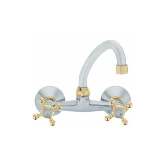 Herz - Chrome/Gold Colour 'f' Spout Type Finishing Kitchen Tap Wall Faucet Cross Head