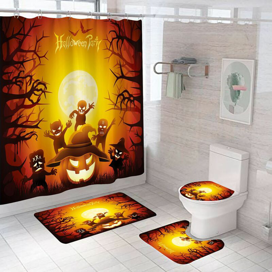 Imp Pumpkin Halloween Shower Curtain Sets, 71 Inch x 71 Inch Halloween Bathroom Decor Set - Shower Curtain with Mat, Toilet Lid Cover, Bath Mat
